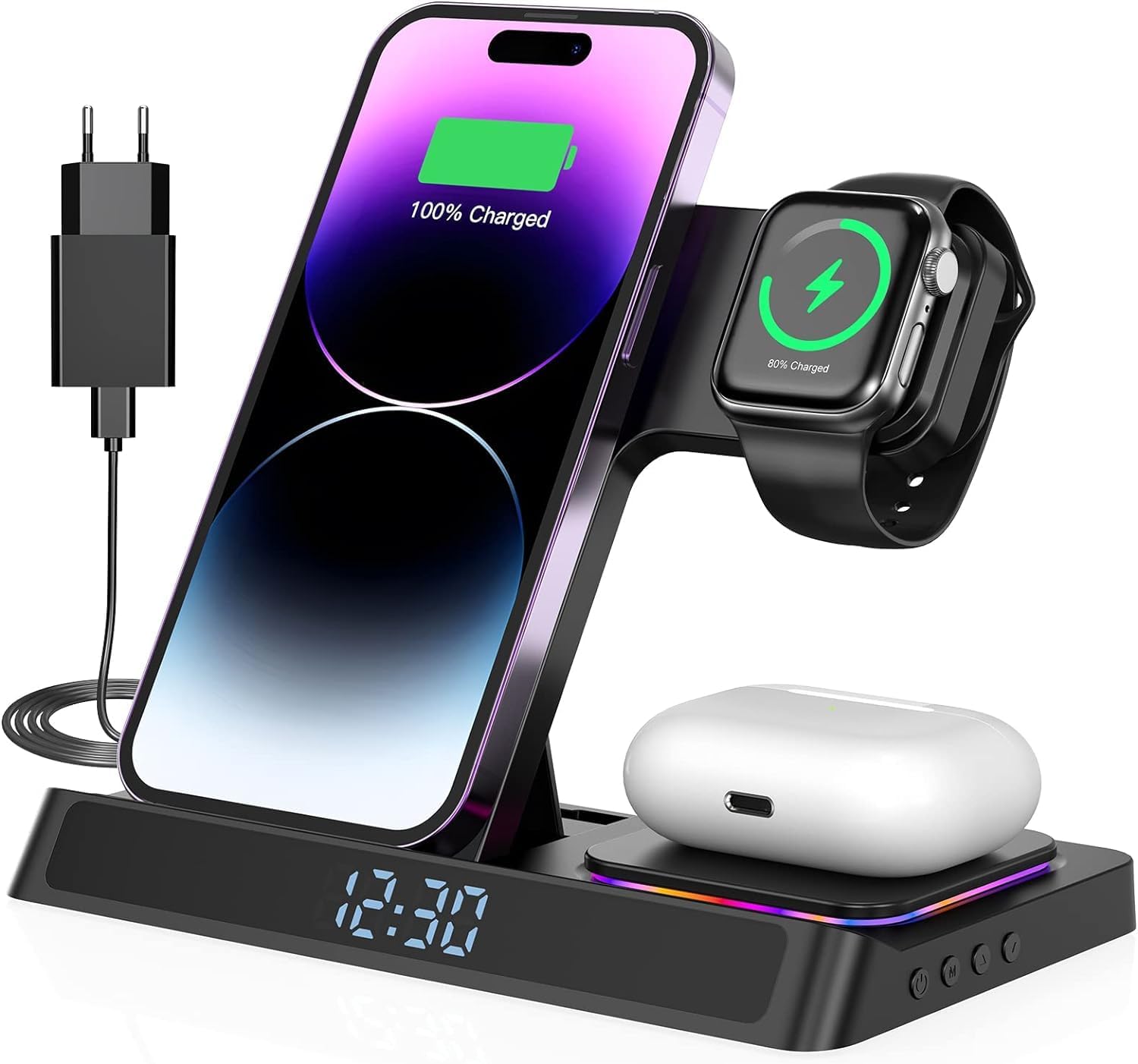 Station de Charge Sans Fil 4-en-1 avec Horloge LED – iPhone, Apple Watch & AirPods