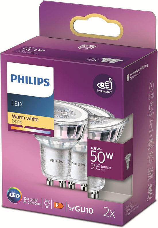 Lot de 2 Ampoules LED Spot GU10 50W Équivalent – Lumière Blanc Chaud 2700K Philips Haute Qualité