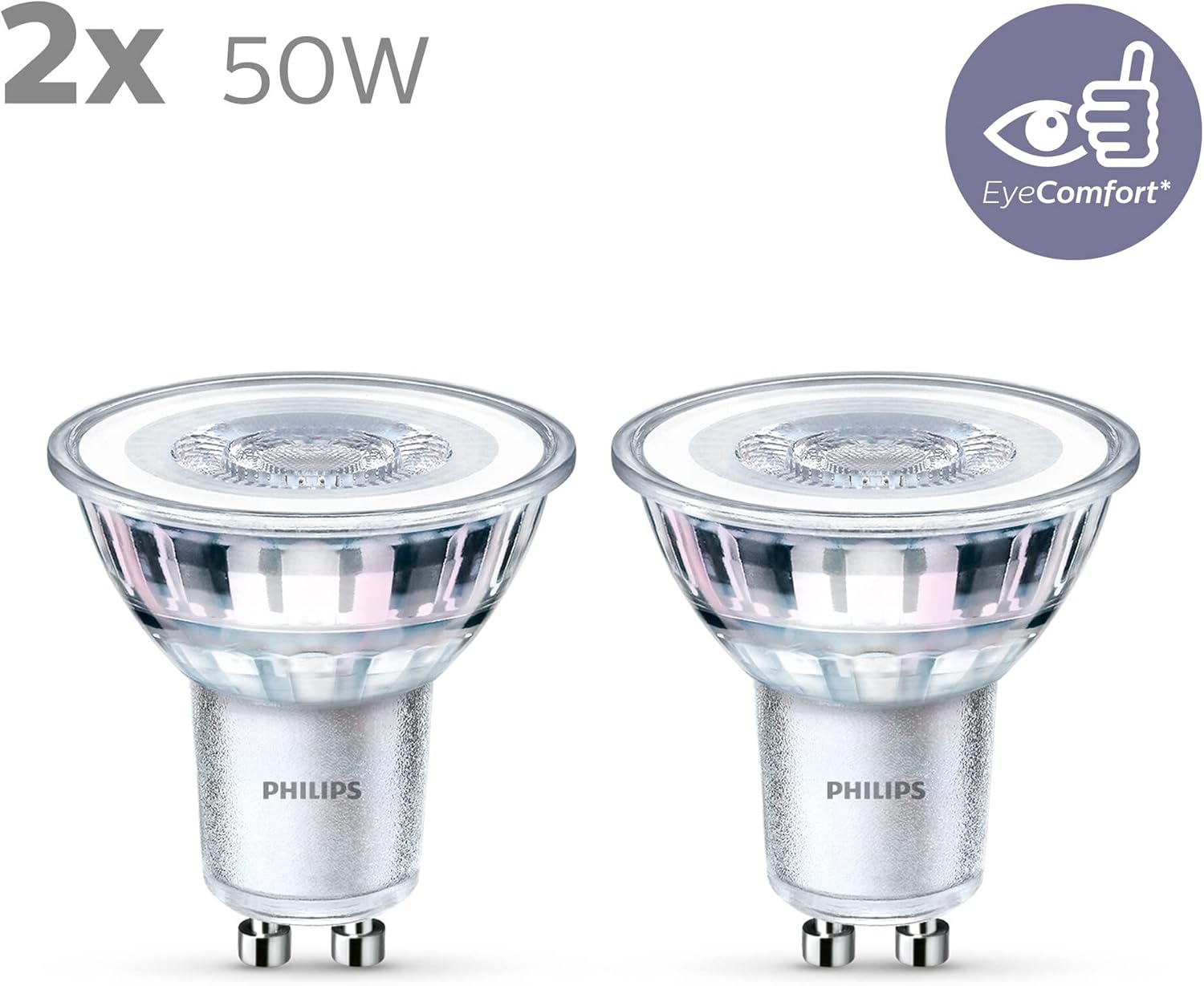 Lot de 2 Ampoules LED Spot GU10 50W Équivalent – Lumière Blanc Chaud 2700K Philips Haute Qualité