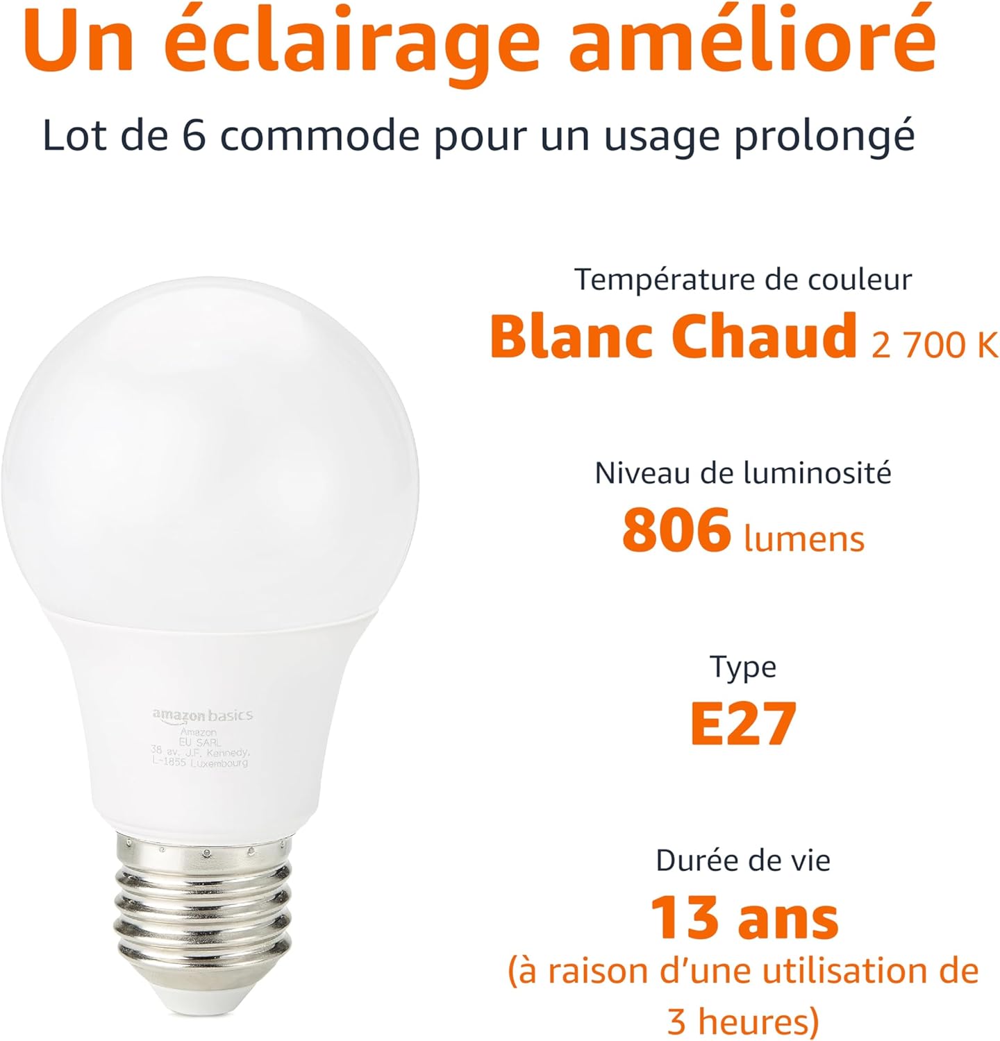 Lot de 6 Ampoules LED E27 8W (Équivalent 60W) – Éclairage Blanc Chaud Économique & Longue Durée