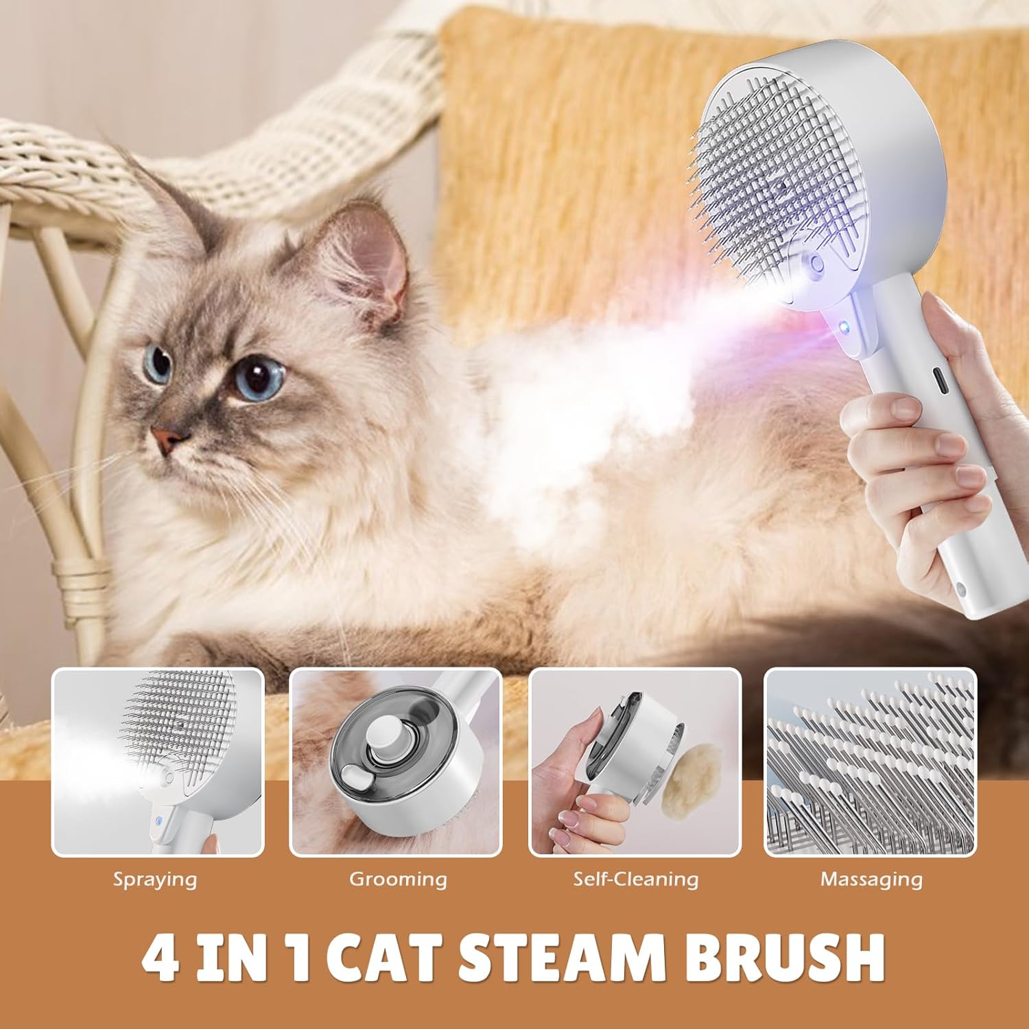 Brosse Vapeur 4-en-1 pour Chien & Chat – Autonettoyante & Massage