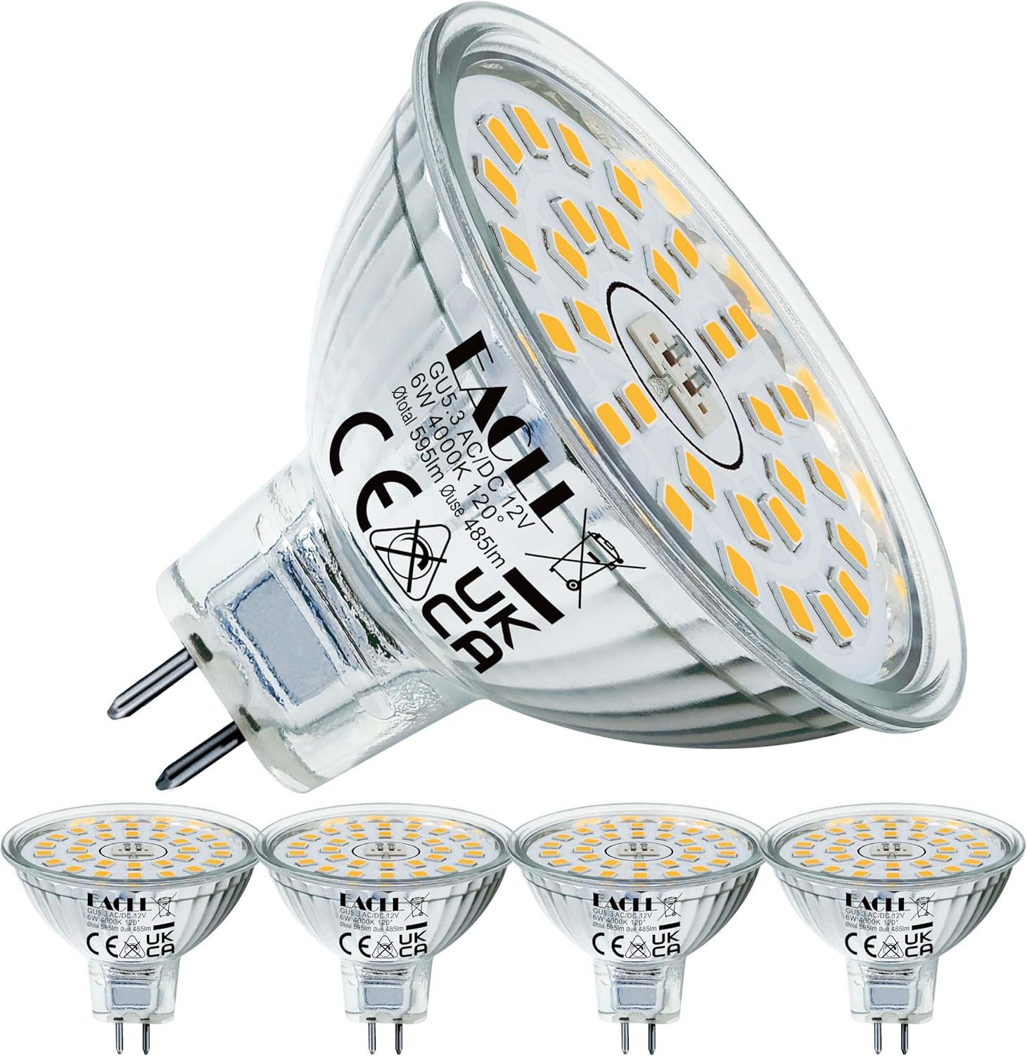 Lot de 4 Ampoules LED GU5.3 6W (Équivalent 50W) – Spot MR16 Blanc Neutre 4000K Sans Scintillement